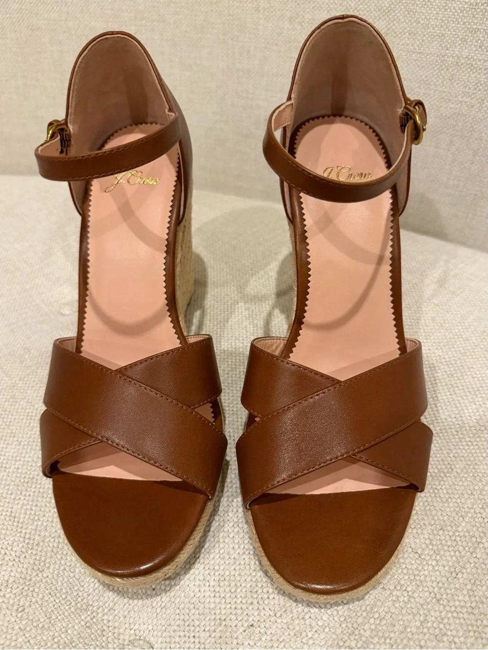 J. Crew Brown Leather Espadrille Wedge Sandals with Ankle Strap (8.5/9)